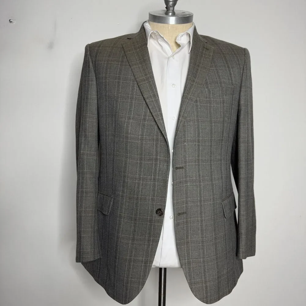 Jos A Bank Traditional Fit Blazer Sport Coat 44L Mens Check Brown Wool‎ Silk